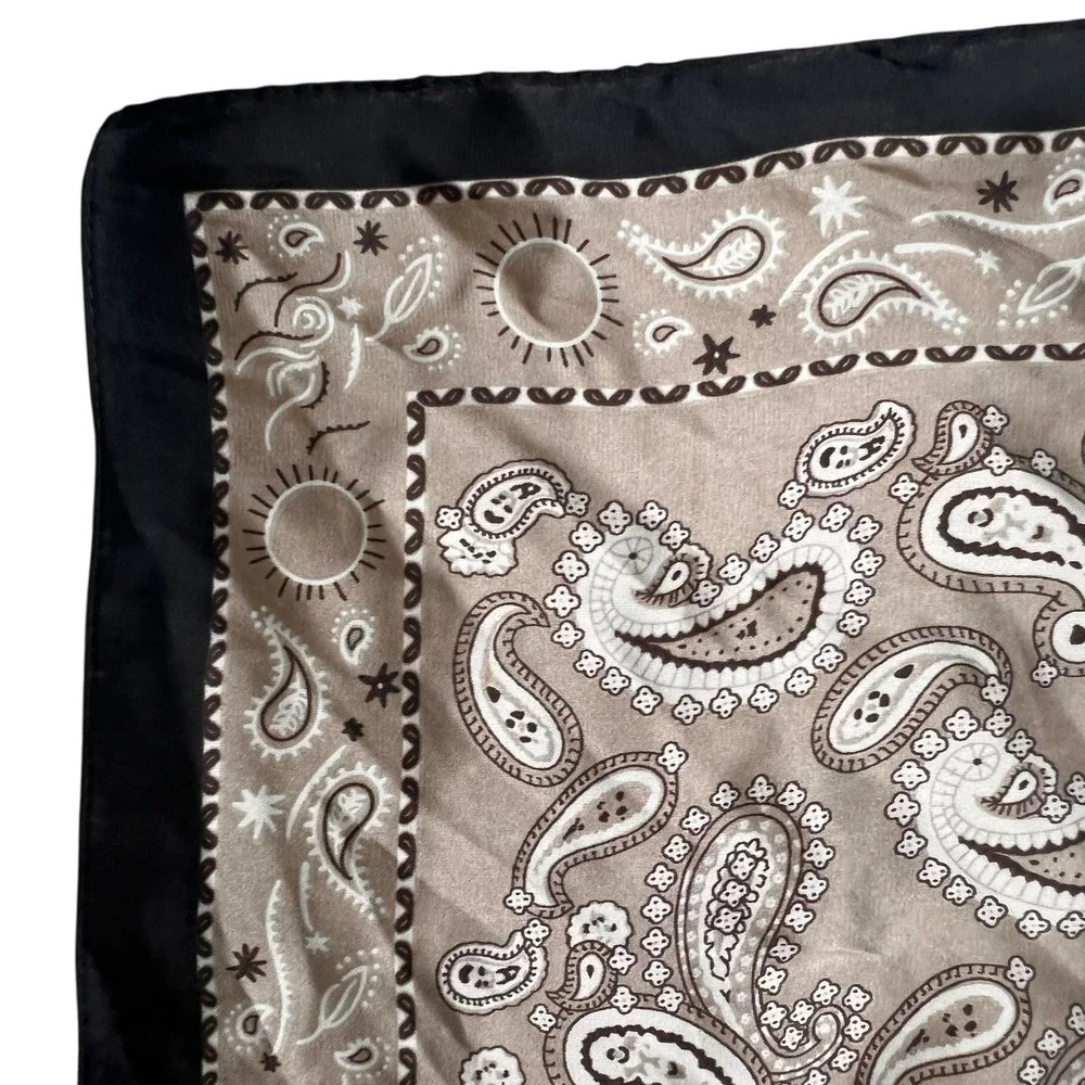 Paisley Silk Feeling Polyester Scarf Beige Cream Brown Border Pocket Square Hair